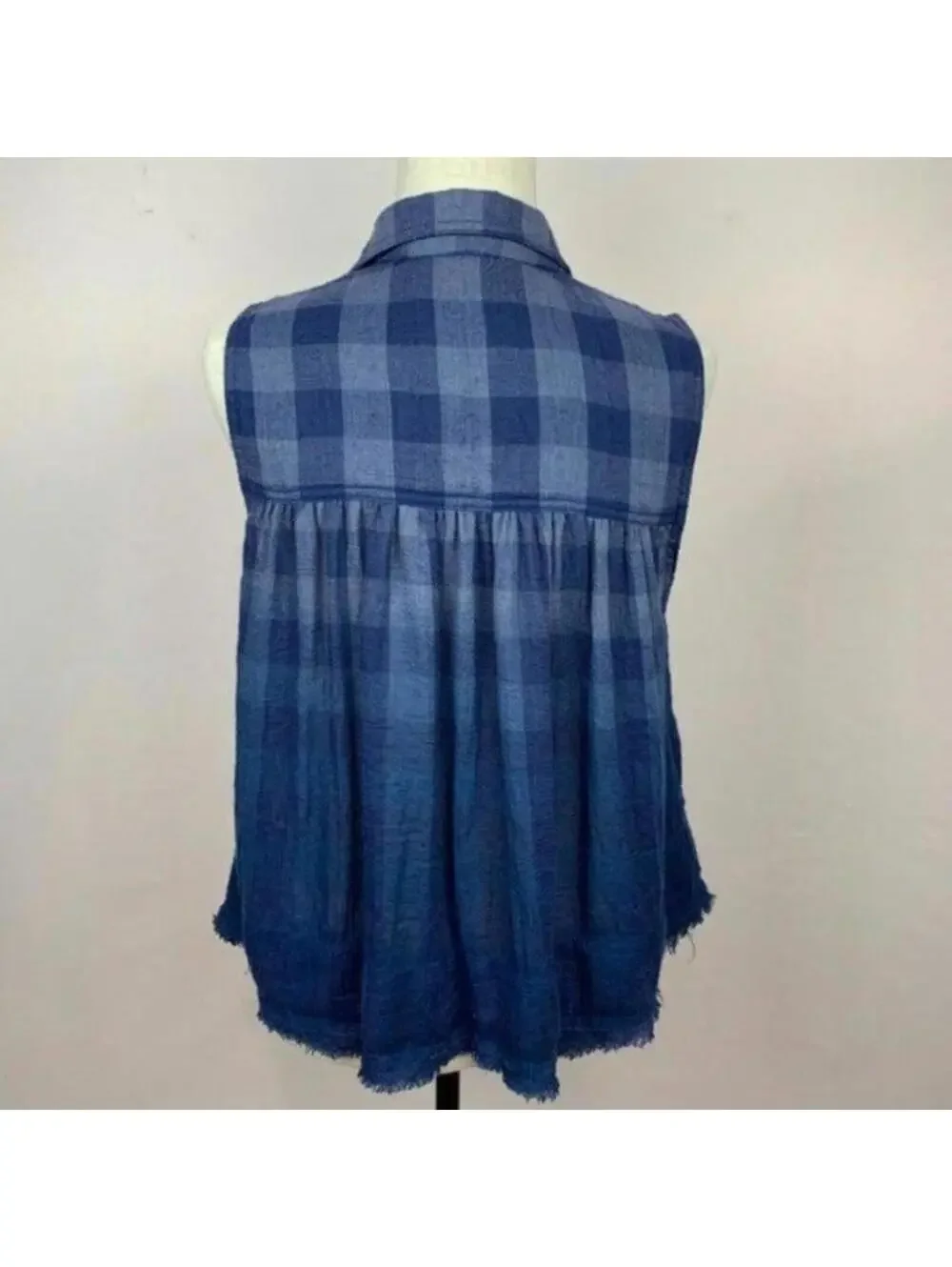 NWT Free People Blue Plaid Tank Top Small Ombre Gingham Sleeveless Button Blouse